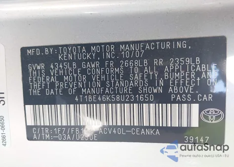 2008 Toyota Camry Le z USA, uszkodzony, nr VIN 4T1BE46K58U231650